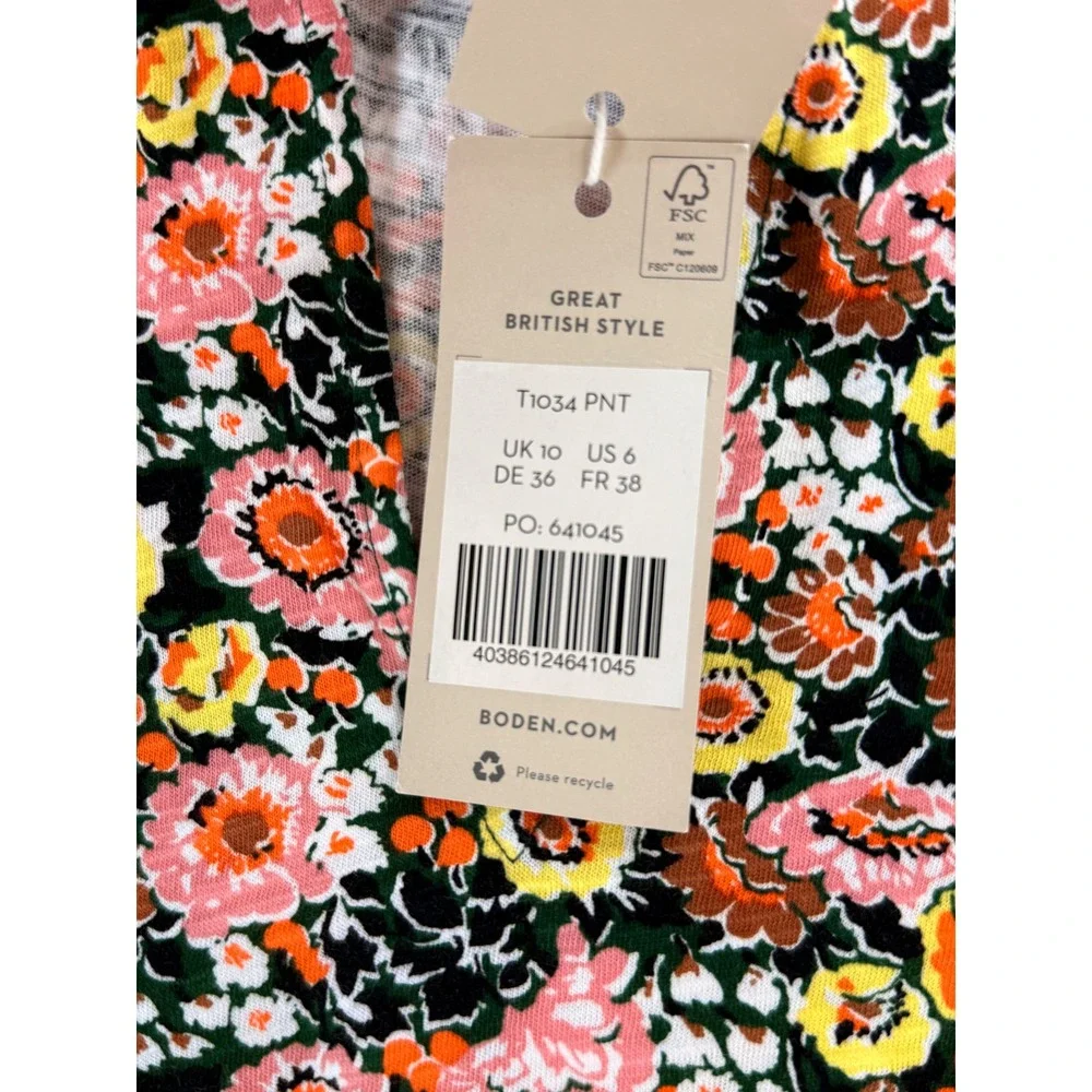 Boden Women Floral Cotton Smocked Ruffle Split Neck Top‎ Multicolor US 6